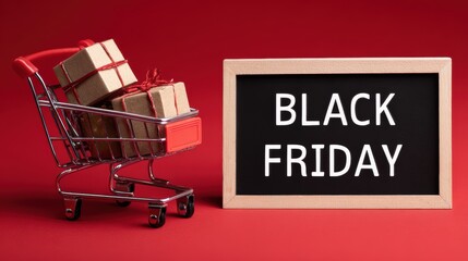 Black friday shopping: mini cart with wrapped gifts and chalkboard on red background