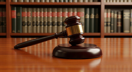 Wooden gavel resting on a sound block in a courtroom setting with law books in the background, symbolizing justice and law