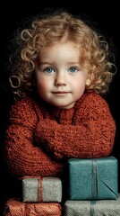 Sweet child with curly hair and vivid blue eyes poses with colorful gift boxes for a festive celebration