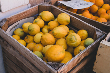 Rustic wooden crate filled with fresh lemons at market in Mallorca