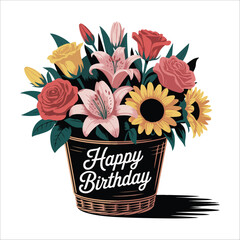 Vibrant Birthday Bouquet flower vector: Sunflowers, Lilies, Roses in Vintage-Style Basket