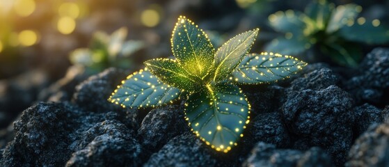 Glowing plant sprouting from rocks nature growth and technology concept