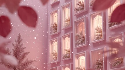 Snowy winter evening scene with warmly lit windows and evergreen decor