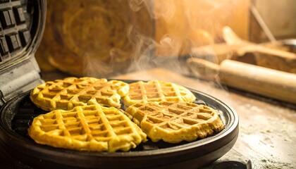 Golden waffles steaming from a waffle iron