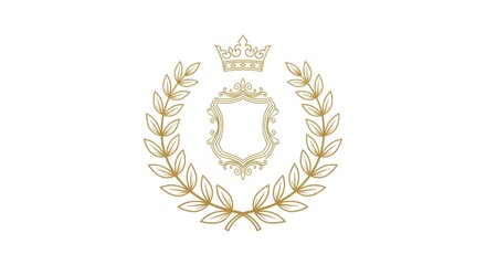 Elegant Golden Heraldic Emblem with Crown and Laurel Wreath on White Background, Classic Royal Design Element