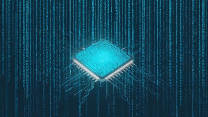 Abstract illustration of a computer microchip over a background of binary code, representing technology, high-performance computing, innovative solutions in ever-evolving world of digital information