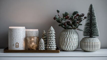 Festive holiday decor with ceramic trees, candles, and frosted pinecone bouquet