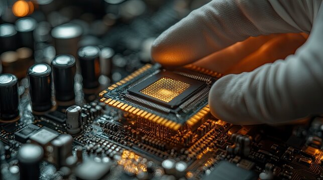Technician with gloved hand installing advanced Central Processing Unit on Computer Motherboard