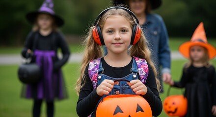 Child with autism wearing noise-cancelling headphones trick-or-treating Halloween