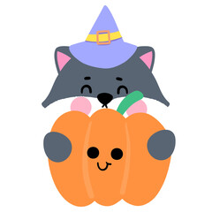 Cute Wolf Witch with Pumpkin Illustration