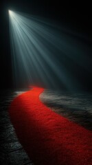 Bright light illuminates a winding red path in a dark space, creating a dramatic atmosphere for creativity and inspiration