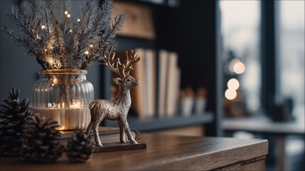 Cozy winter decor with metallic reindeer and candlelit pine branches on wooden table
