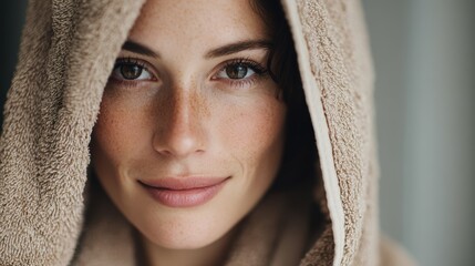 Young caucasian female with freckles wrapped in towel