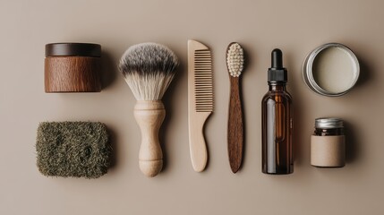Eco-friendly male grooming set with brush, comb, and organic products on neutral background