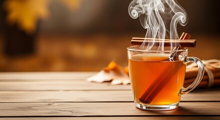 Steaming hot drink with cinnamon sticks on a rustic wooden table.