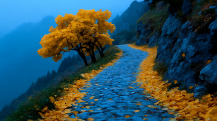 Stone path with yellow autumn trees on hillside