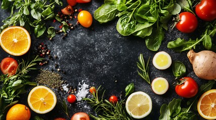 Healthy food clean eating selection: fruit, vegetable, seeds, superfood, cereals, leaf vegetable on gray concrete background copy space