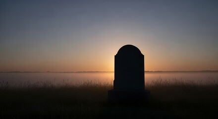 Tombstone Silhouette Against Sunset Over Water.