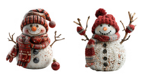 Two cute snowmen wearing knitted hats and scarves, isolated on transparent background