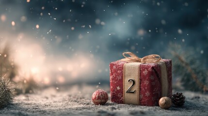 Festive red gift box with advent number two in snowy winter wonderland scene