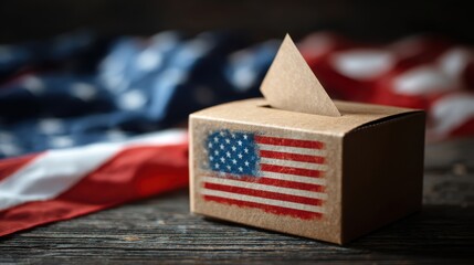 American flag-themed ballot box for voting against blurred flag background