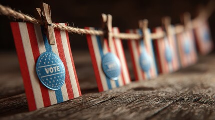 Patriotic clothespins with american flags and vote buttons on rustic wood