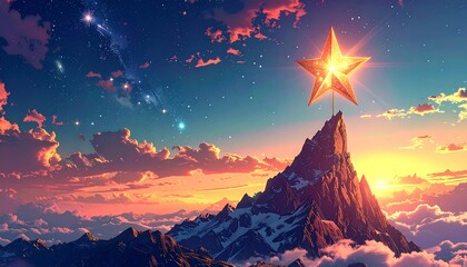 Mountain peak with golden star at sunrise