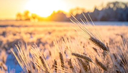 Golden wheat field at sunrise, frosted with snow