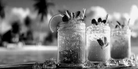 Refreshing cocktails in jars on a tropical beach