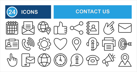 WebMinimalist contact us line icon set with editable stroke, featuring home, call, like, fax, message, landing page, location, smartphone, cloud, contact, name, and data in clean thin linear style.