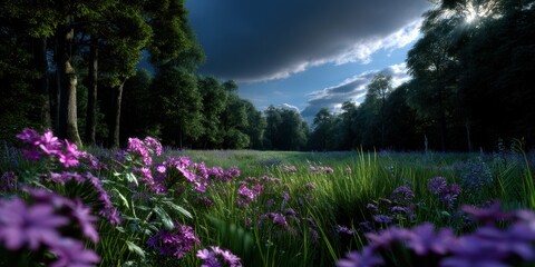 Vibrant wildflowers bloom in a lush forest field under a moody sky during the afternoon hours