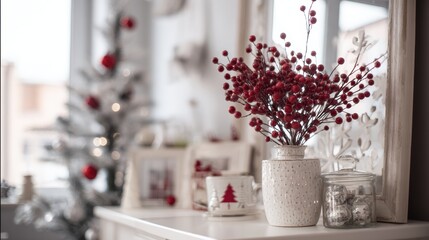 Festive red berry arrangement on white table with christmas decor