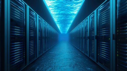 Underwater data center with glowing servers, marine life swimming nearby, sustainable computing, innovative infrastructure. 