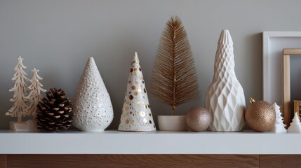 Elegant christmas decor display with ceramic trees and gold accents