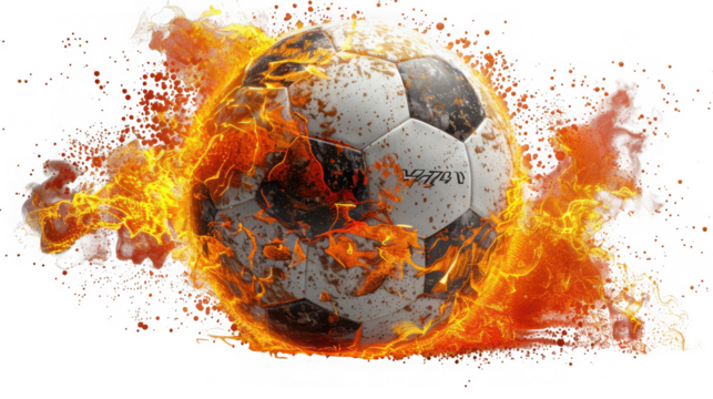 Soccer ball on fire, isolated on transparent background