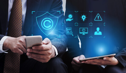 Digital copyright protection system showing secure ownership, intellectual property rights, content...