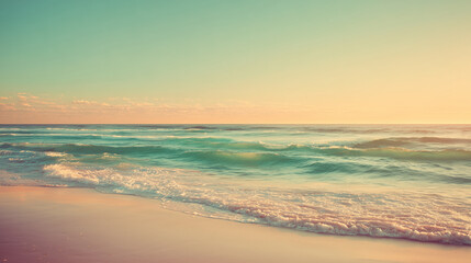 Obraz premium Beautiful Seascape with Turquoise Waves and Sandy Beach at Sunset, Vintage Pastel Style