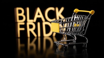 Black friday shopping concept with empty shopping cart and bold yellow letters