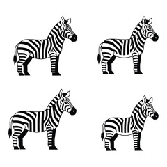 Four identical graphic images of a standing zebra with black and white stripes side profile