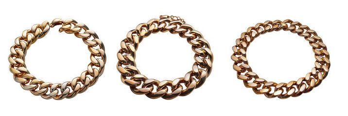 Obraz premium Three golden curb link chains forming circles, isolated on transparent background