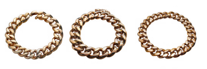 Three golden curb link chains forming circles, isolated on transparent background