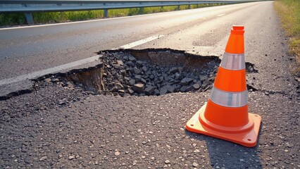 Damaged asphalt road with large pothole marked by bright orange traffic cone in warm sunlight, road maintenance, repair work, transportation safety hazard and construction warning in vivid detail.