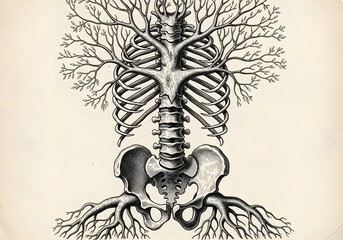 Anatomical tree illustration showing ribcage spine and roots in vintage style drawing