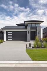 Modern house with sleek design and landscaped yard located in a suburban neighborhood, featuring a stylish garage door and bright sky