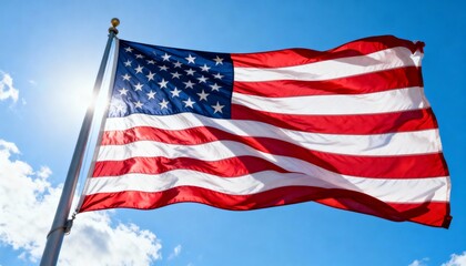 Obraz premium Low-angle view of large US flag waving under bright sky, emphasizing patriotism and grandeur