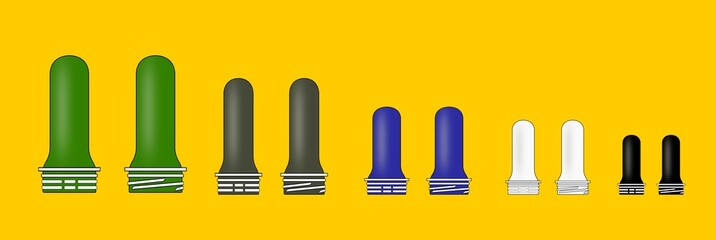 Different sizes of PET Preform with alaska and PCO neck isolated on a yellow background