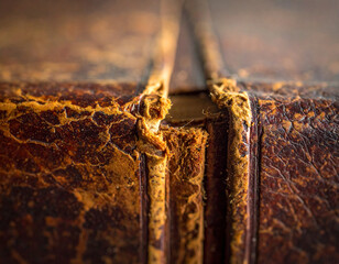 A macro shot of a worn, leather-bound book cover, a slow push-in revealing cracks and patina in the material 