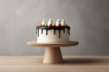Festive ghost cake decorated with colorful candies on a wooden stand in a simple setting