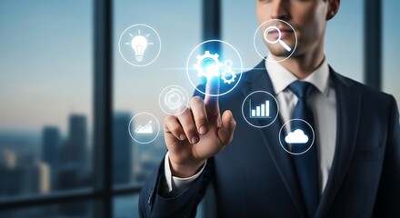 Businessman in suit interacting with digital interface icons against city background view from window