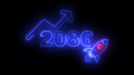 Blue neon 2086 year with upward arrow graph and rocket ship icon on black background new year